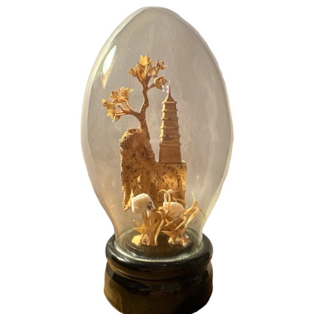 Vintage Chinese San You Cork Art with Cranes~ Glass Egg Figurine Sculpture (H)